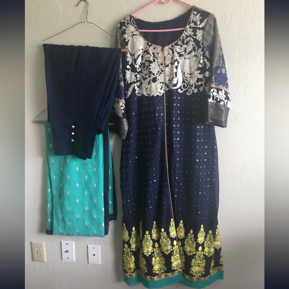 Charisma ready stitched navy turquoise 3pc tunic, pants and, scarf